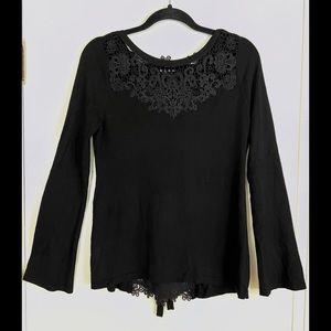 White House Black Market Bow Back Lace Black Long Sleeve Top Size Small